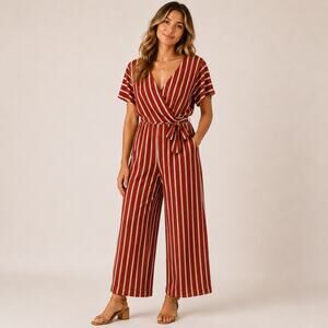 Lily Black Jumpsuit Brunt Orange Faux Wrap Wide Leg Pockets Sz 12 Boho Retro